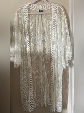 White Lace Embroidered Crochet Trim Cardigan 2X Sheer Boho Festival Swim Coverup